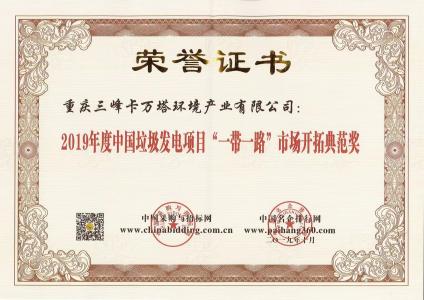 中國垃圾發(fā)電項(xiàng)目“一帶一路”市場(chǎng)開拓典范獎(jiǎng)